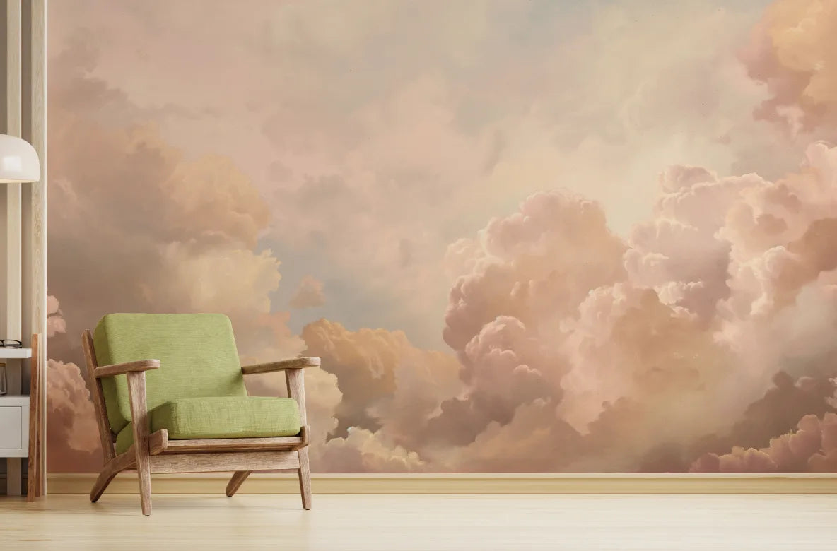 Soft Cloud Aesthetic Sky Mural| Peach Beige Color Peel and Stick Wallpaper image 1
