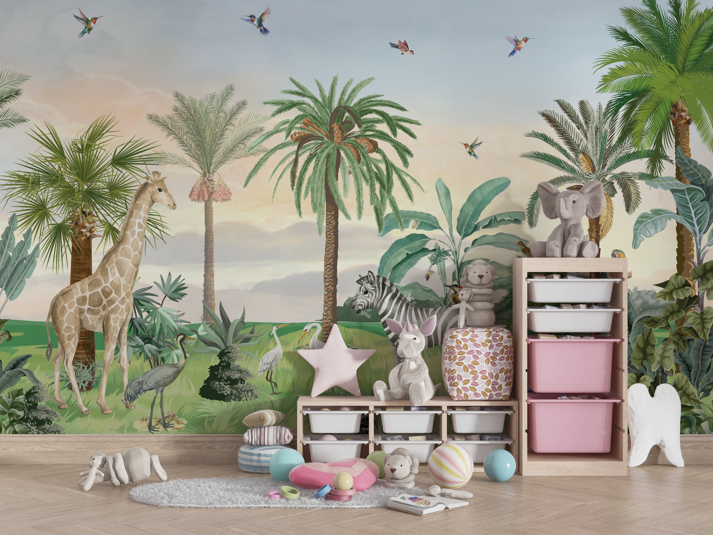 Safari animal wallpaper with giraffe, zebra, palm trees, soft green nursery decor