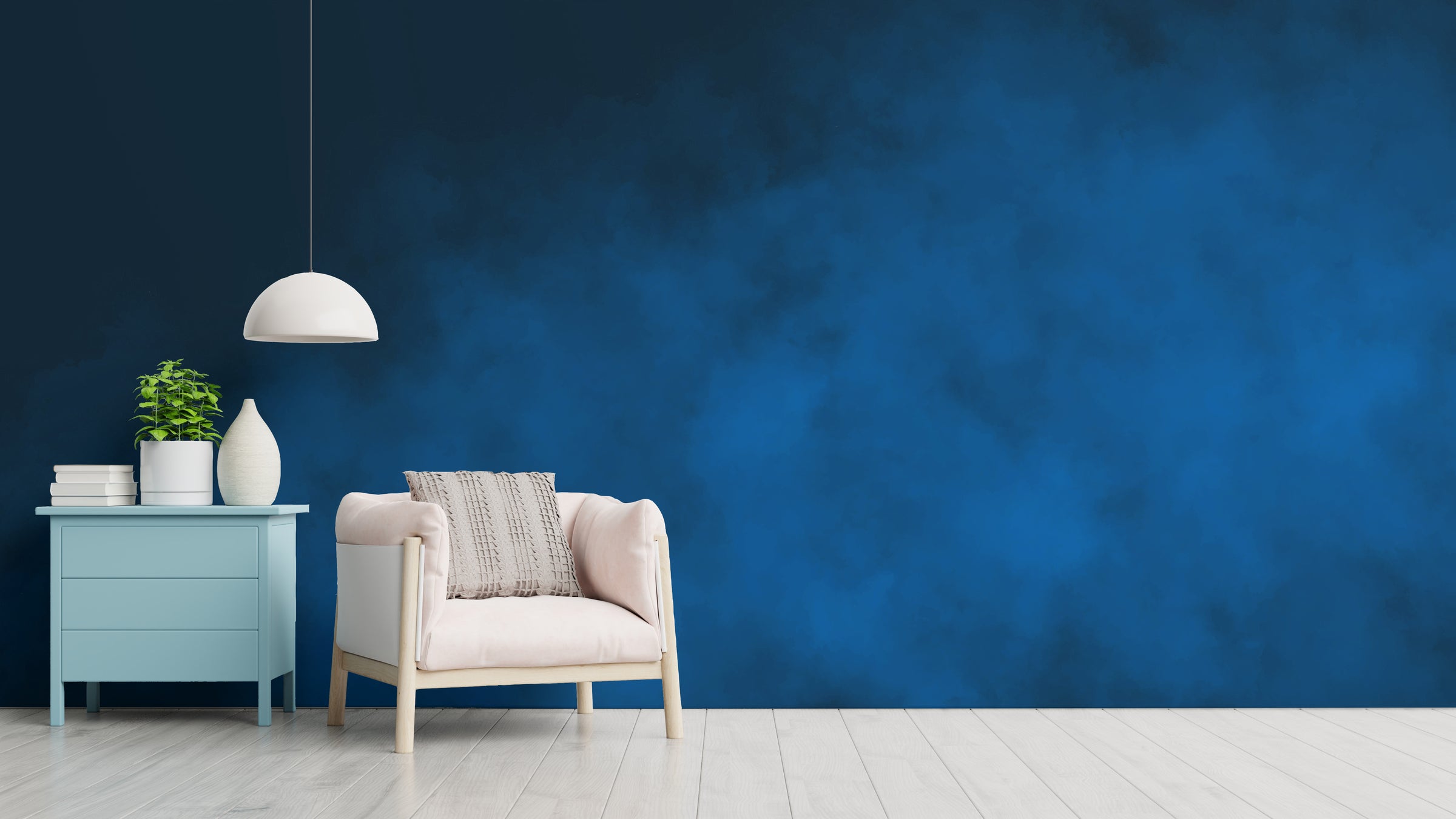Stylish living room accent wall featuring deep blue textured gradient design, perfect for modern interior decor