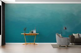 Living room accent wallpaper showcasing teal ombre gradient pattern with soothing modern interior vibe