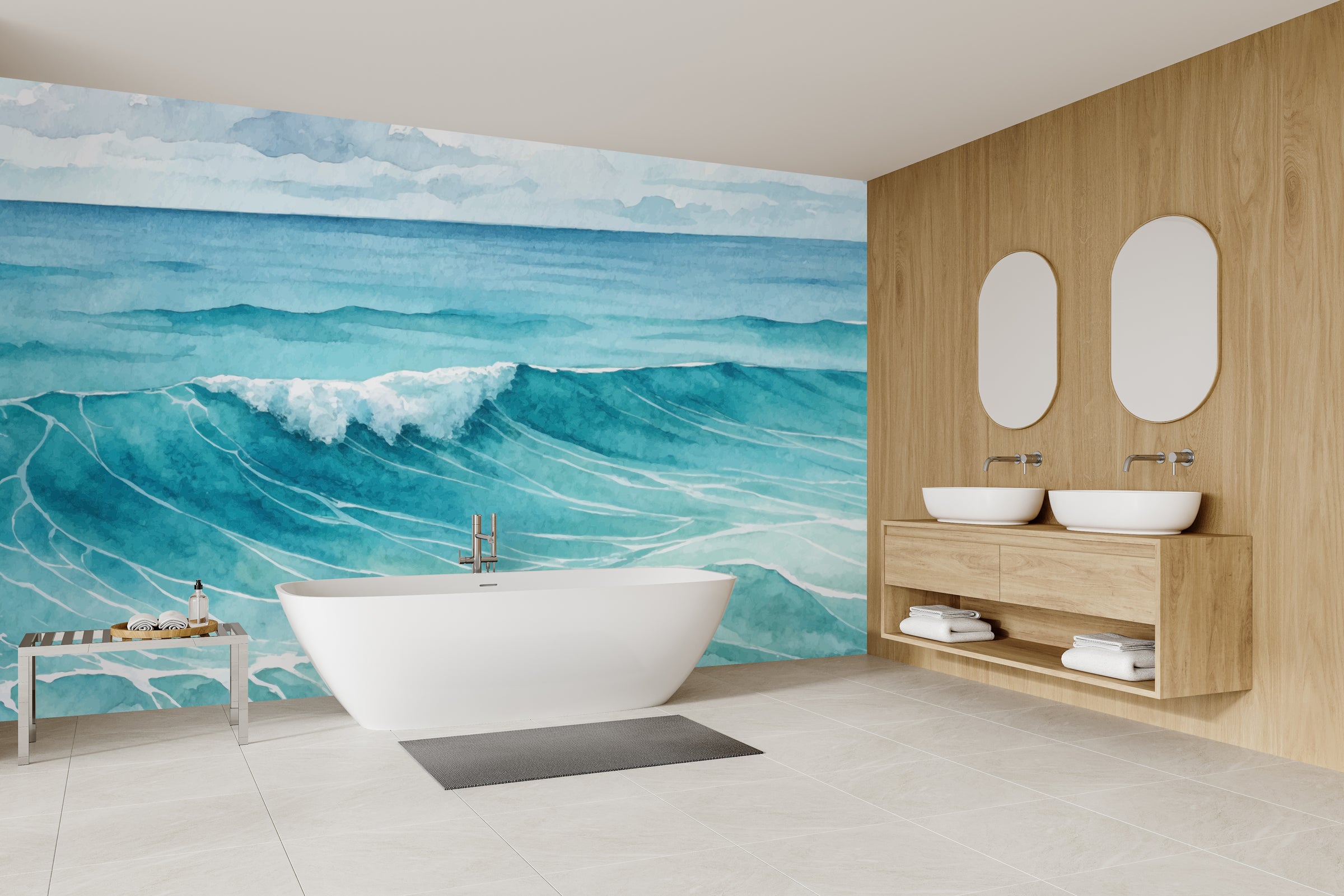 Premium sea wave wall design in turquoise elevates elegant contemporary bathroom decor