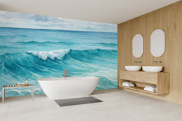 Premium sea wave wall design in turquoise elevates elegant contemporary bathroom decor