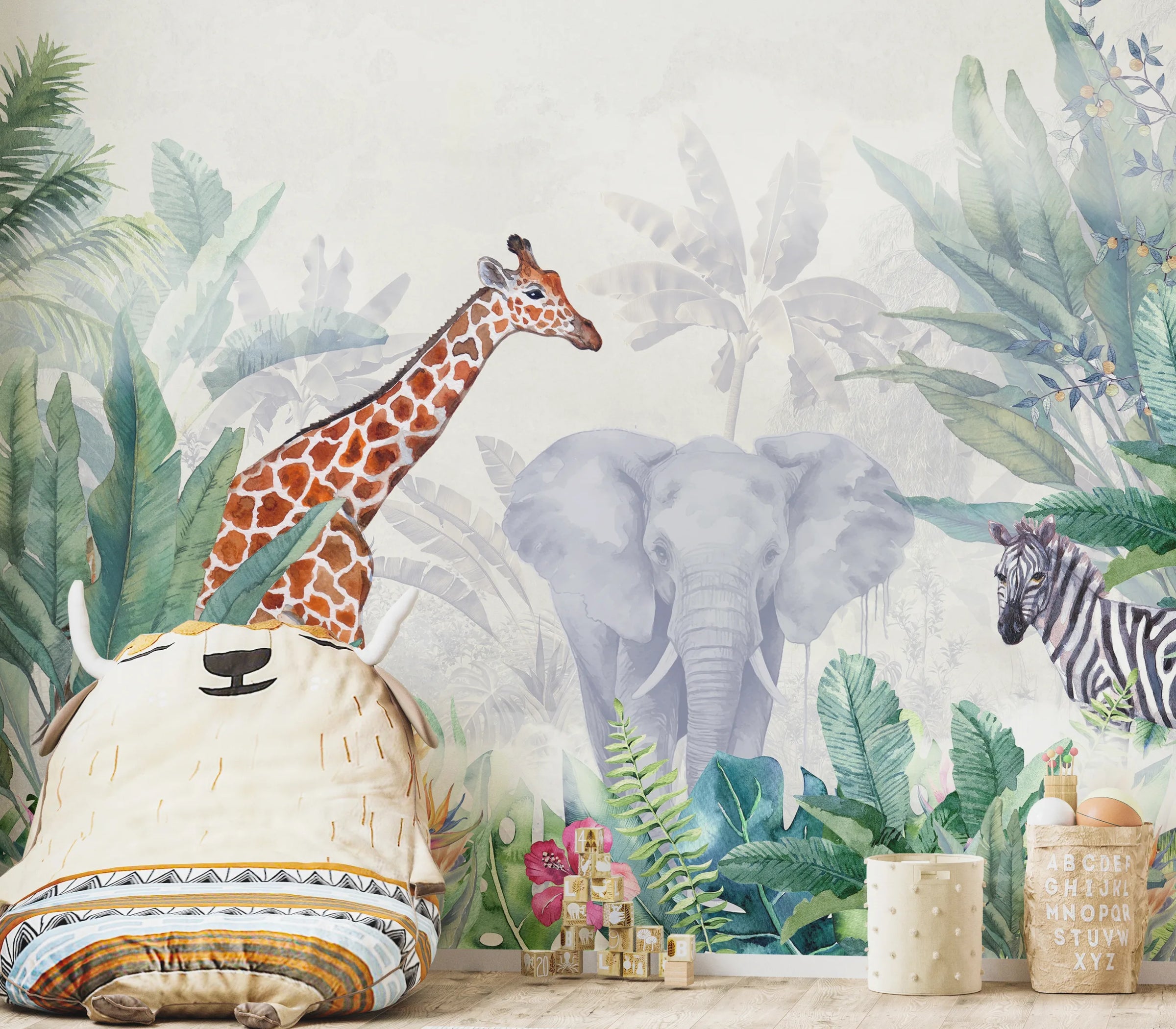 Kids Animal Wallpaper | Watercolor Jungle Peel and Stick Wall Mural image 1