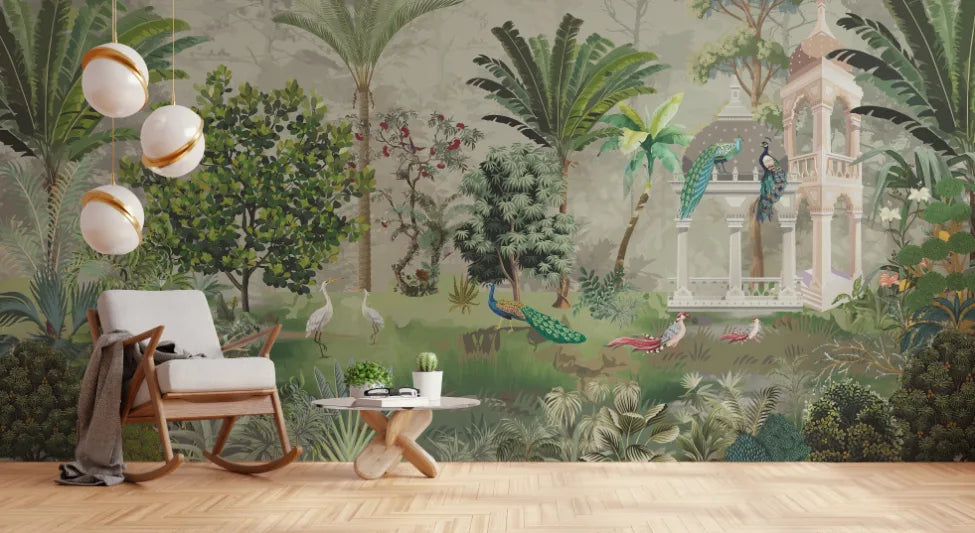 Palm Tree Green Wallpaper | Peacock Garden Indian Wallpaper image 3