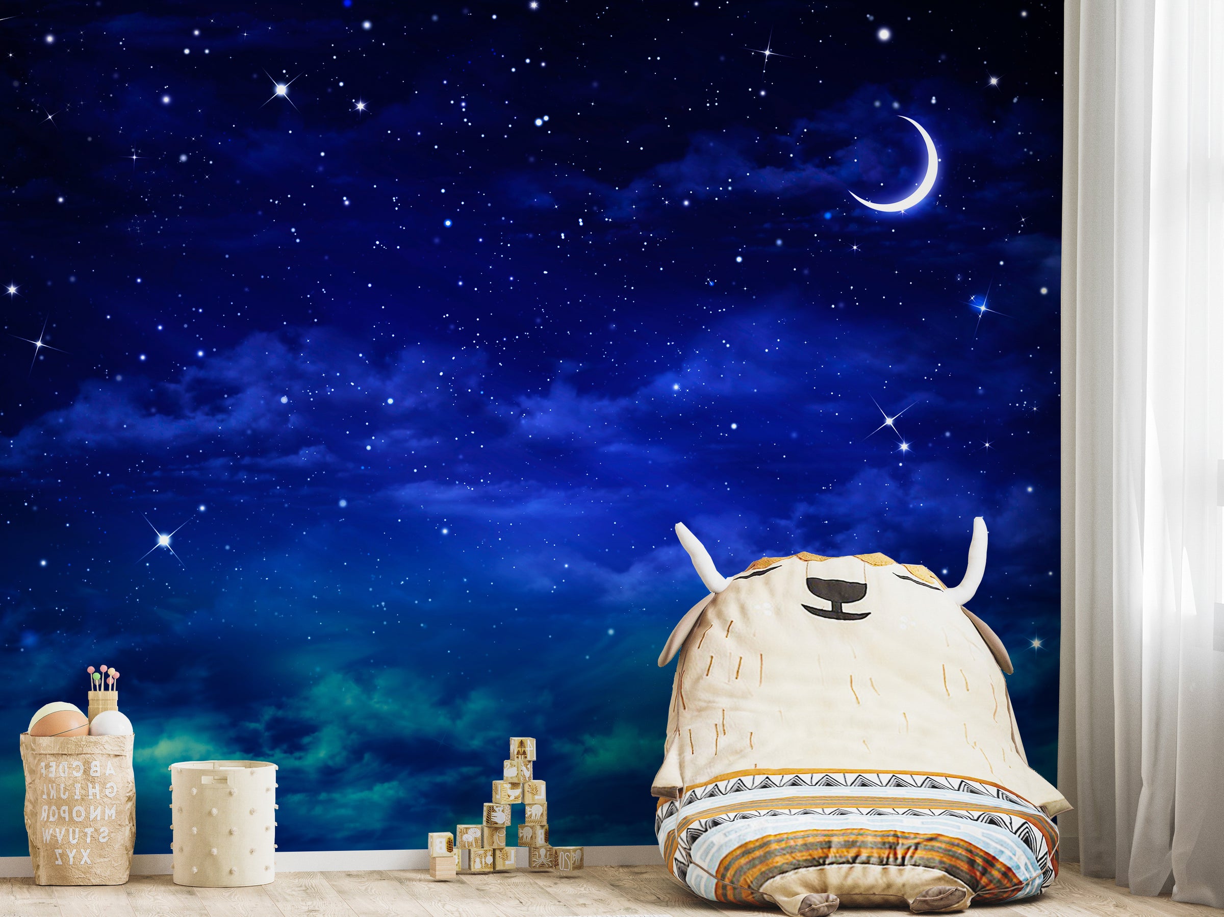 Galaxy moon wallpaper mural installed on children study corner wall inspiring creative imagination