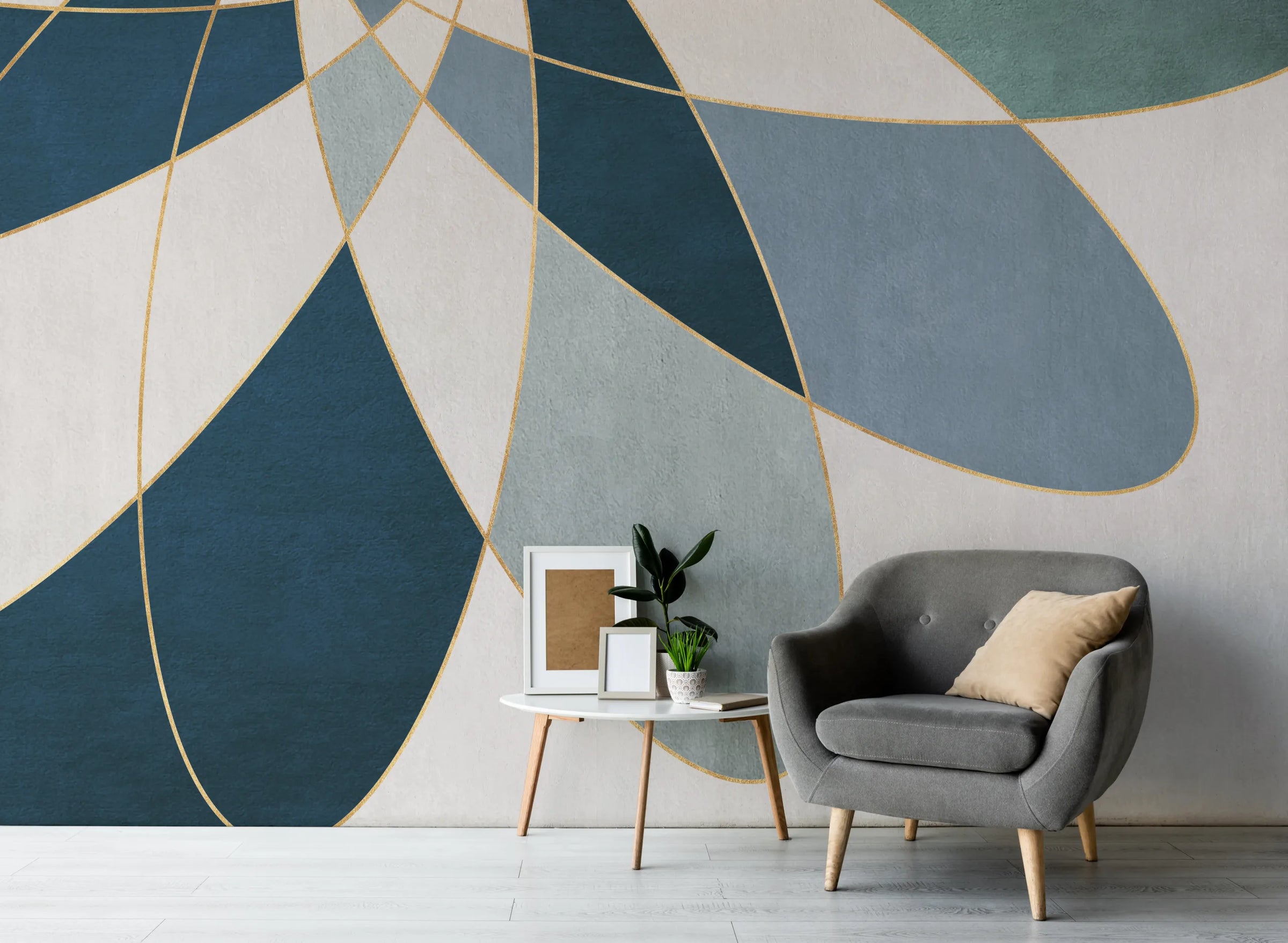 Blue Gold Geometric Wall Mural | Abstract Peel and Stick Wallpaper image 2