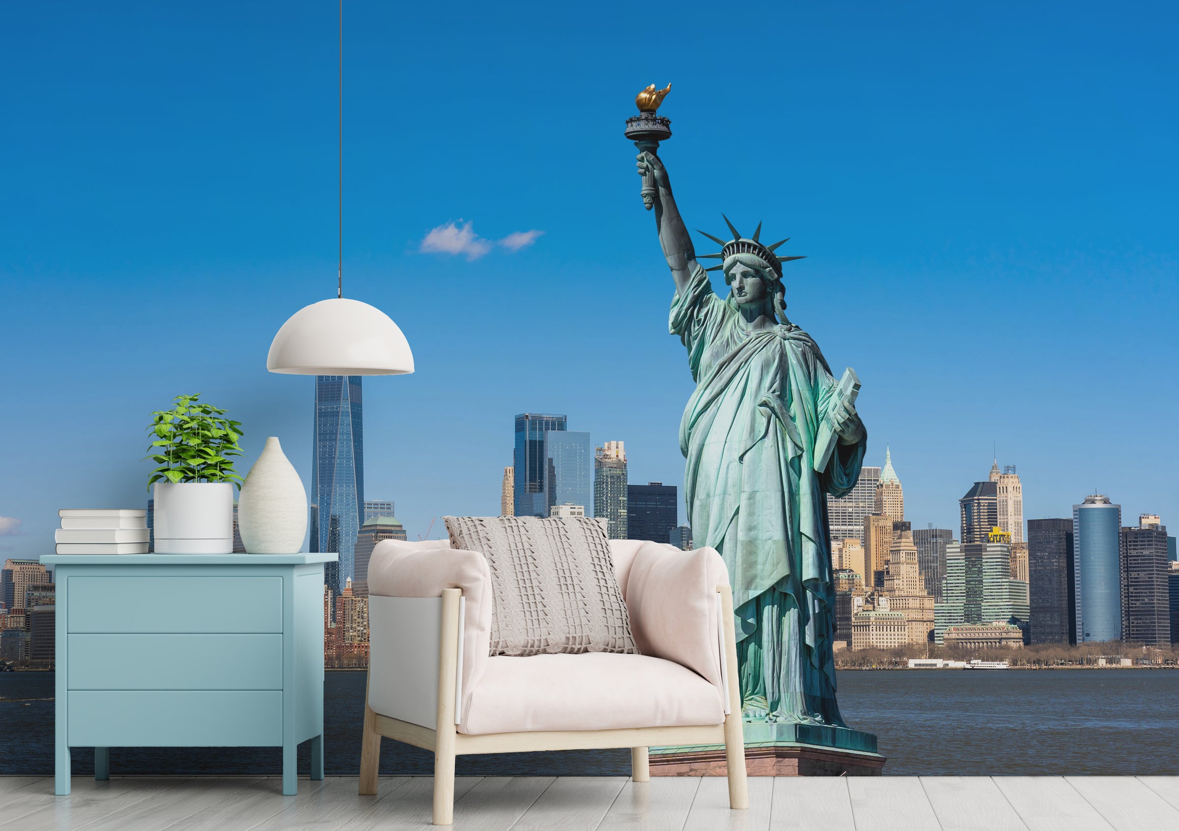 NYC skyline Statue of Liberty wallpaper for guest room iconic New York landmark wall mural