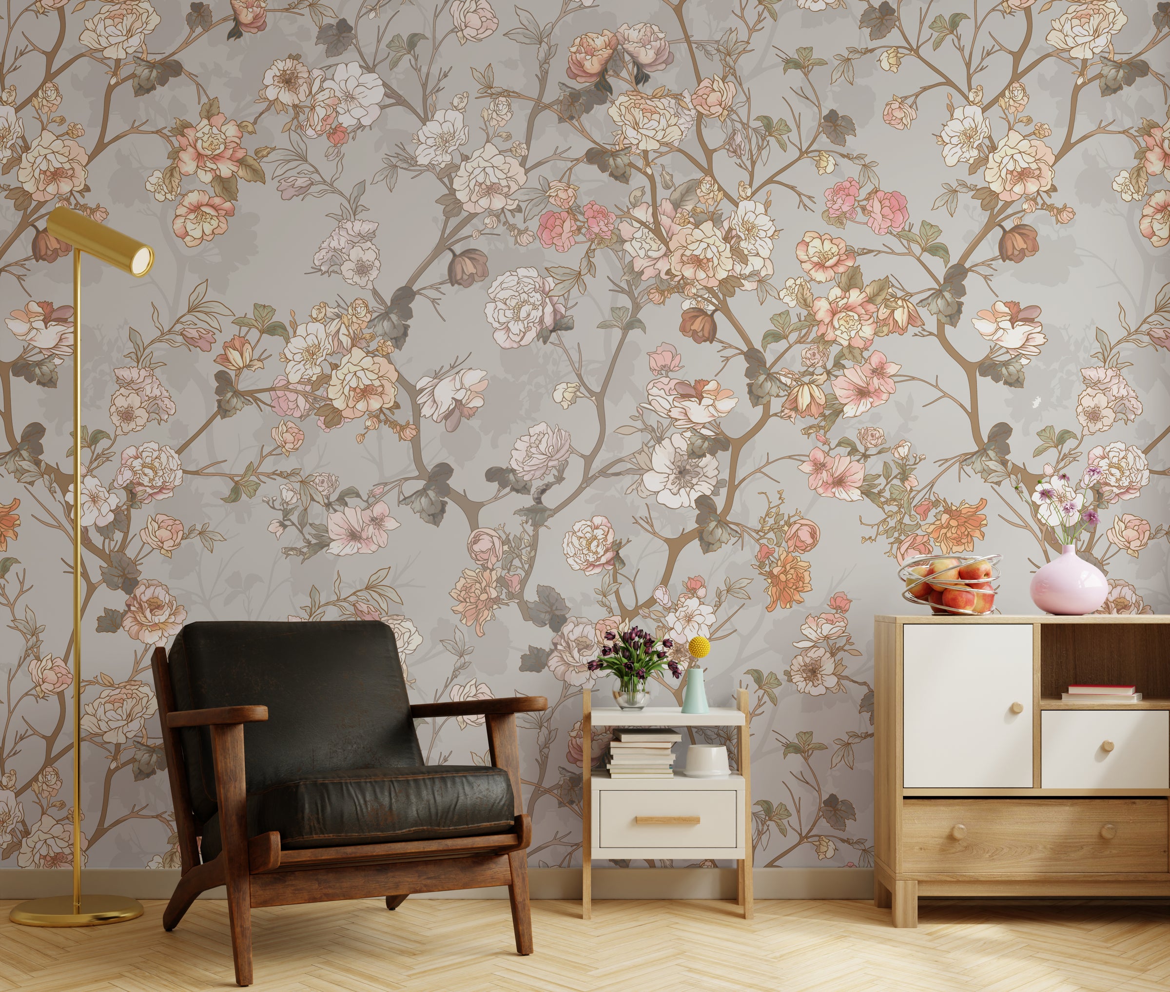 Classic floral pattern with muted tones and vines, cozy reading nook accent wall