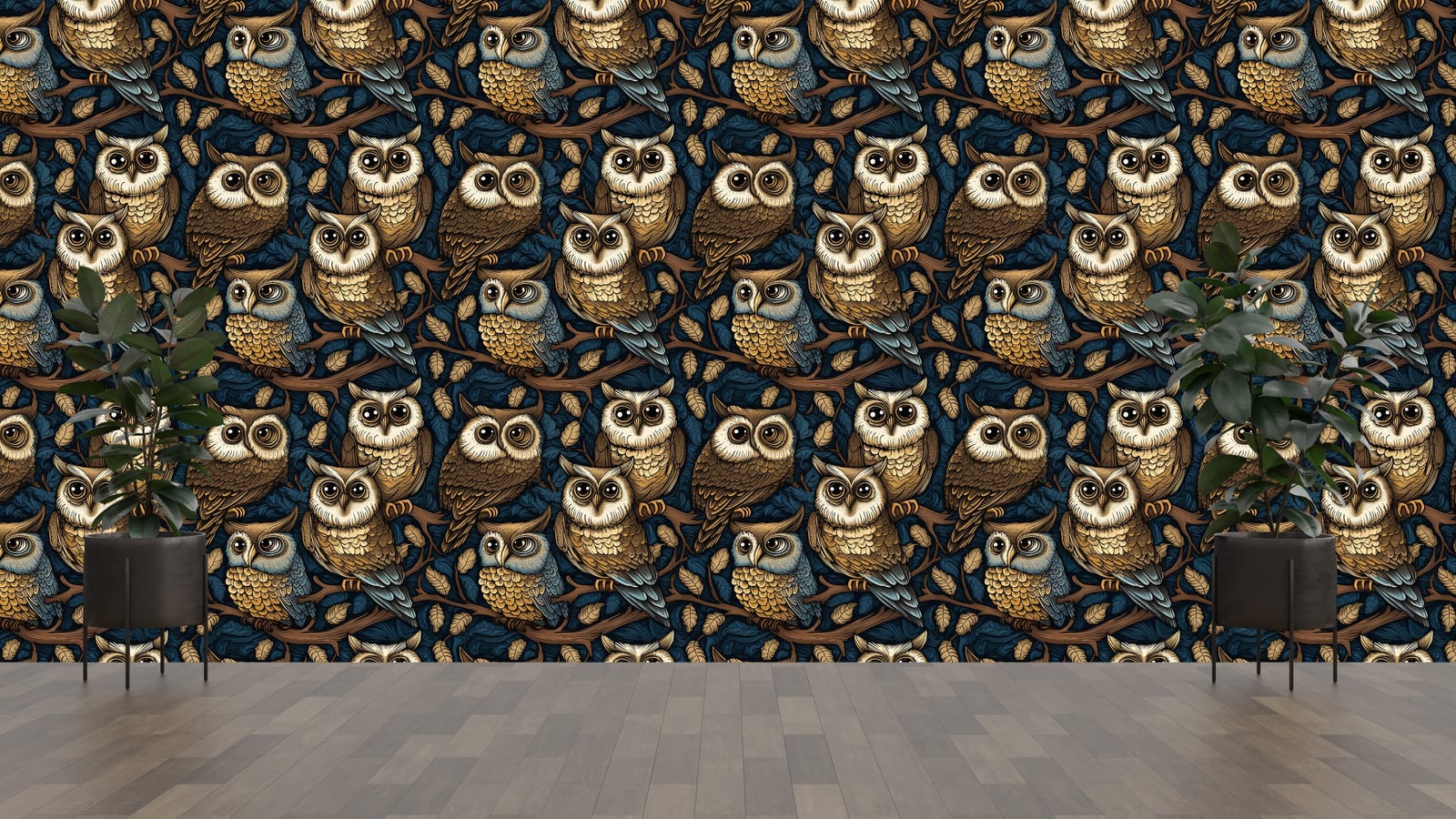 Striking owl wallpaper with dark vintage forest pattern for bold living room decor