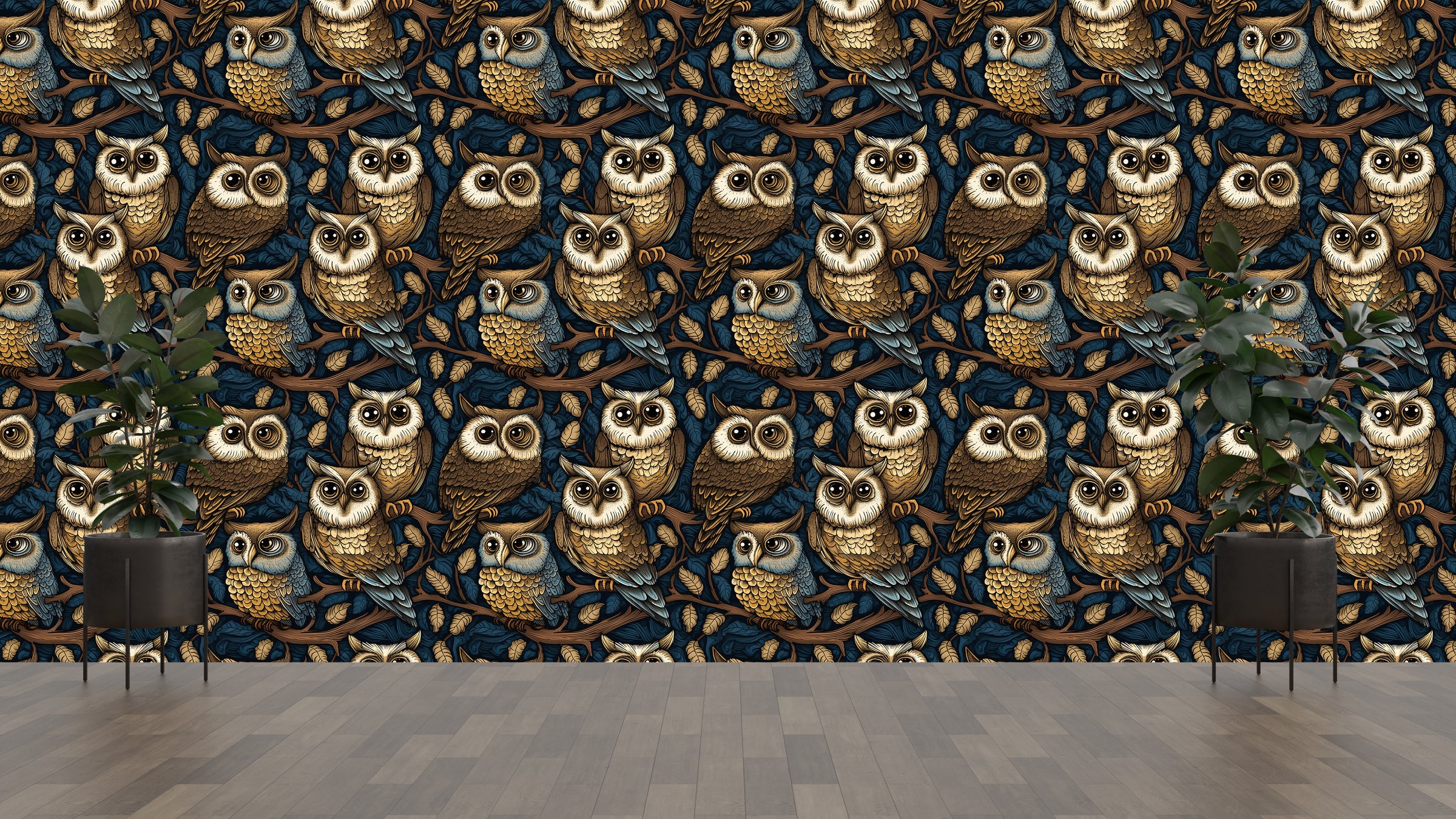 Striking owl wallpaper with dark vintage forest pattern for bold living room decor