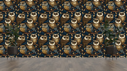 Striking owl wallpaper with dark vintage forest pattern for bold living room decor