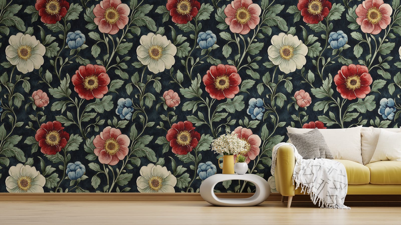 Living room accent wall featuring dark vintage floral pattern, bold botanical elegant decor