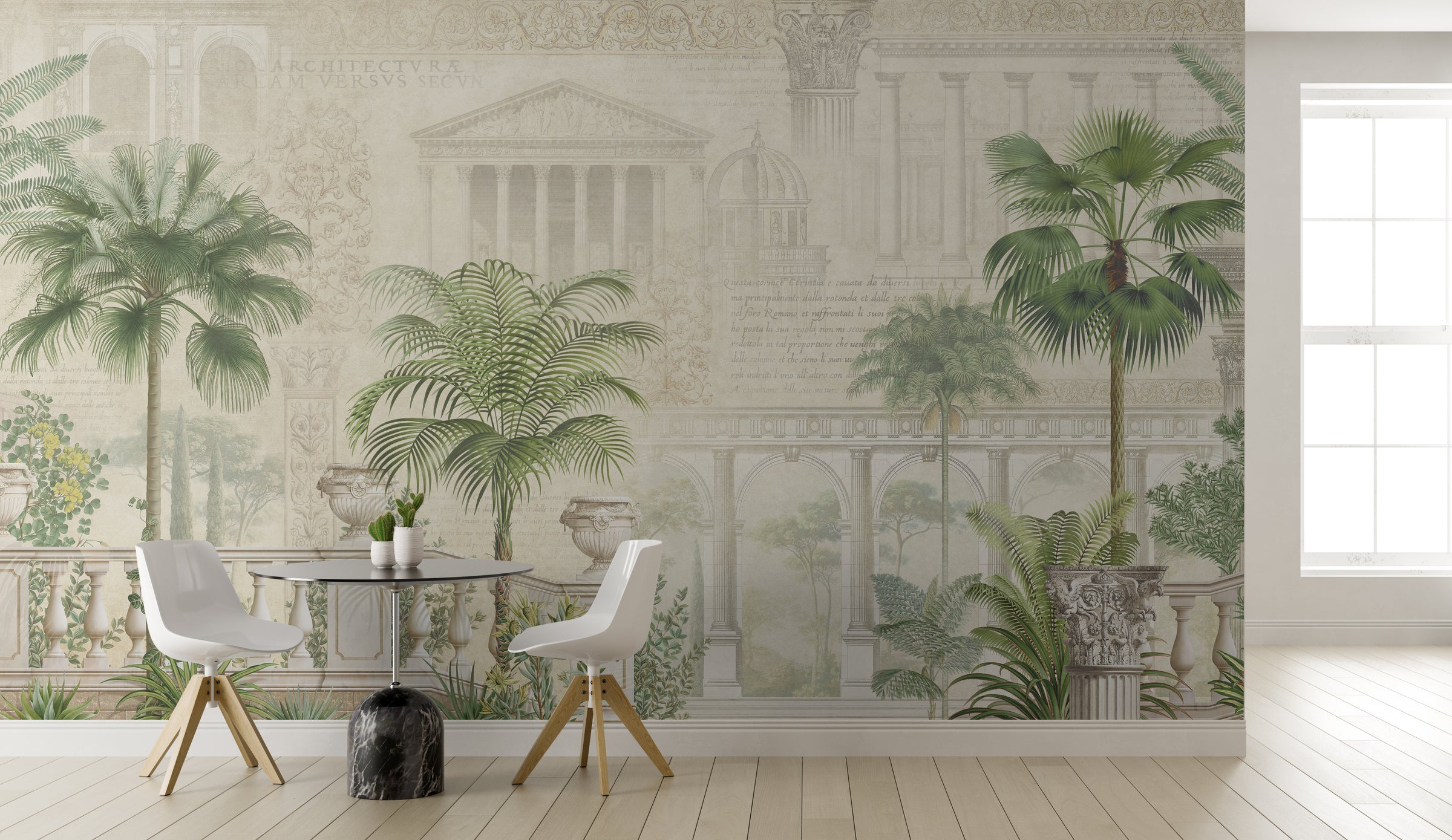 Luxury botanical wallpaper with Roman courtyard design, suited for California, Melbourne, Madrid, and upscale urban interiors.