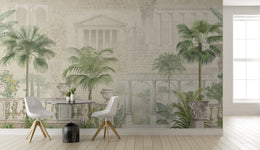 Luxury botanical wallpaper with Roman courtyard design, suited for California, Melbourne, Madrid, and upscale urban interiors.