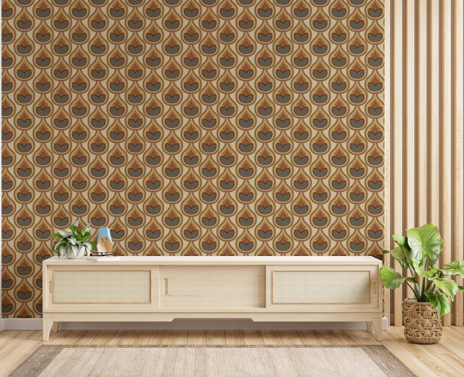Striking vintage floral pattern in warm earthy tones elevating modern bedroom statement decor