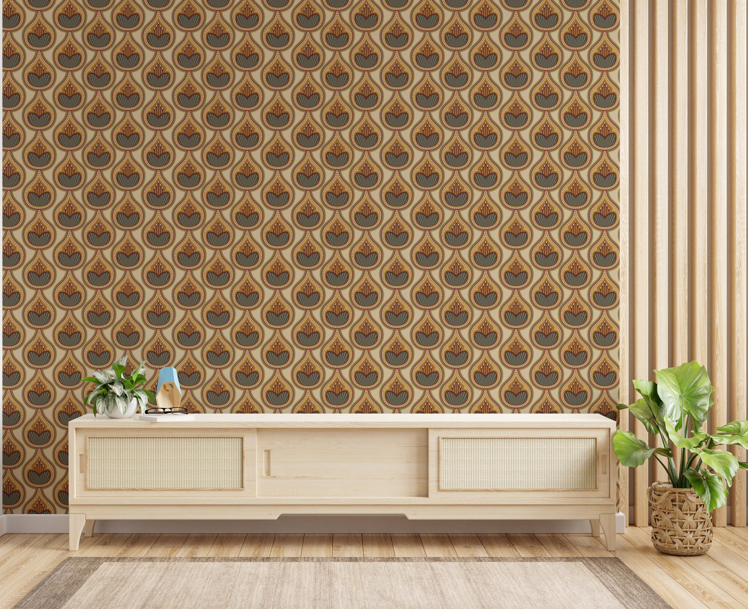 Striking vintage floral pattern in warm earthy tones elevating modern bedroom statement decor
