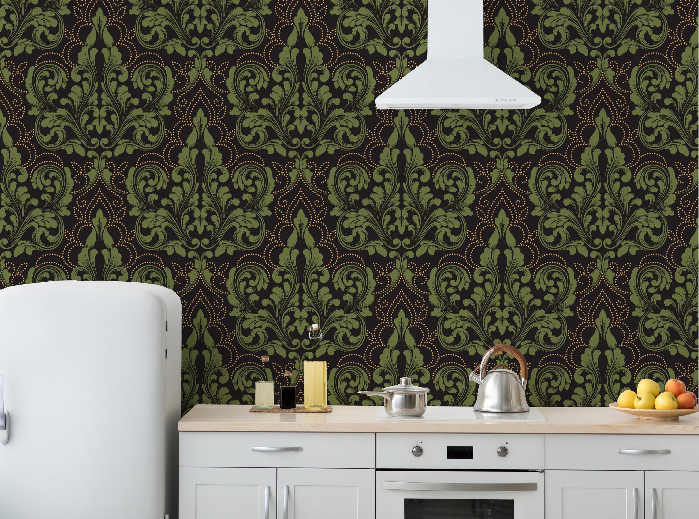 Classic kitchen wallpaper featuring intricate green damask pattern with golden dotted accents