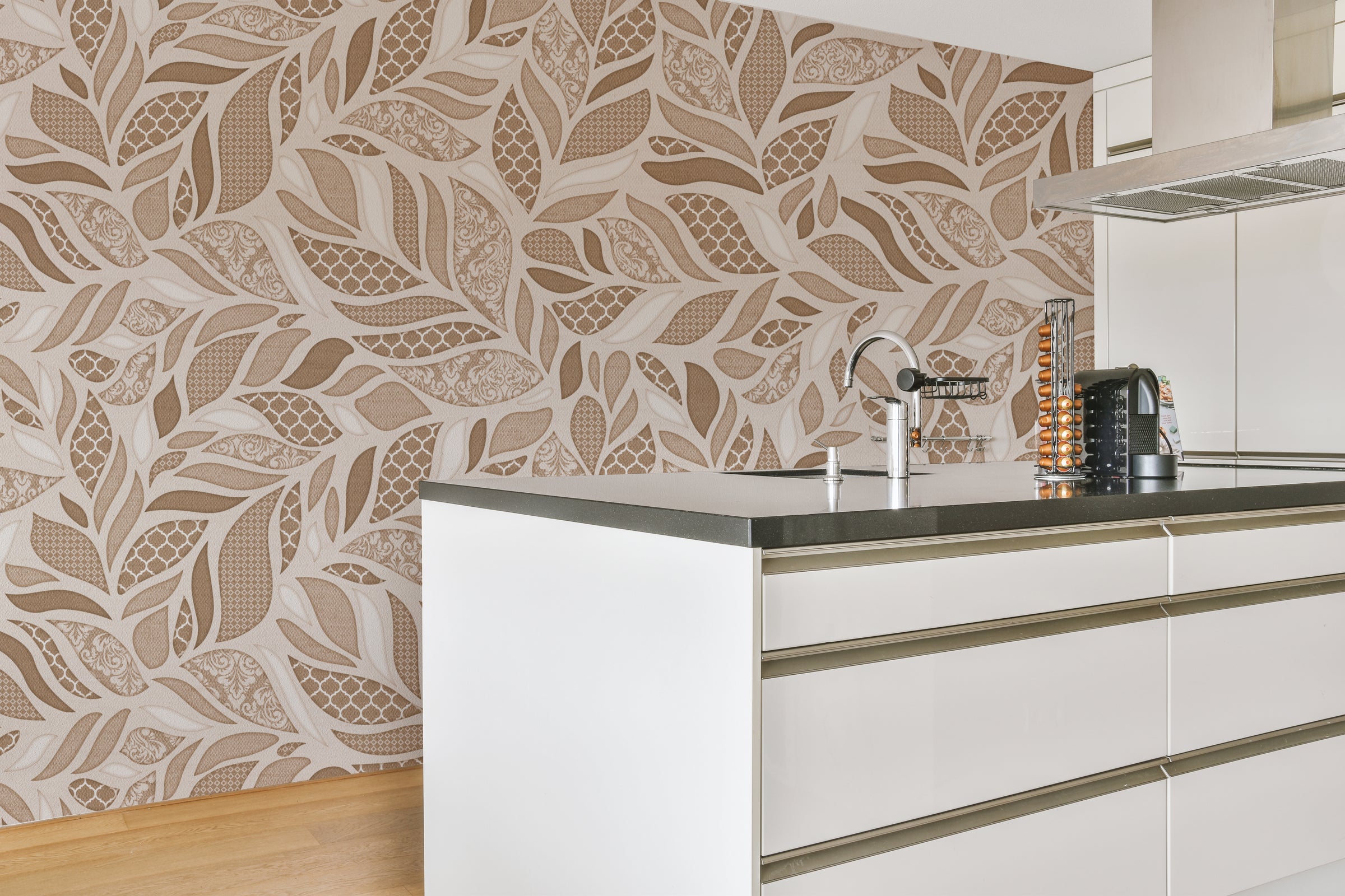 Beige Brown Leaf Design Wallpaper | Modern Botanical Style | Removable Wall Covering