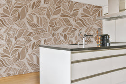 Beige Brown Leaf Design Wallpaper | Modern Botanical Style | Removable Wall Covering