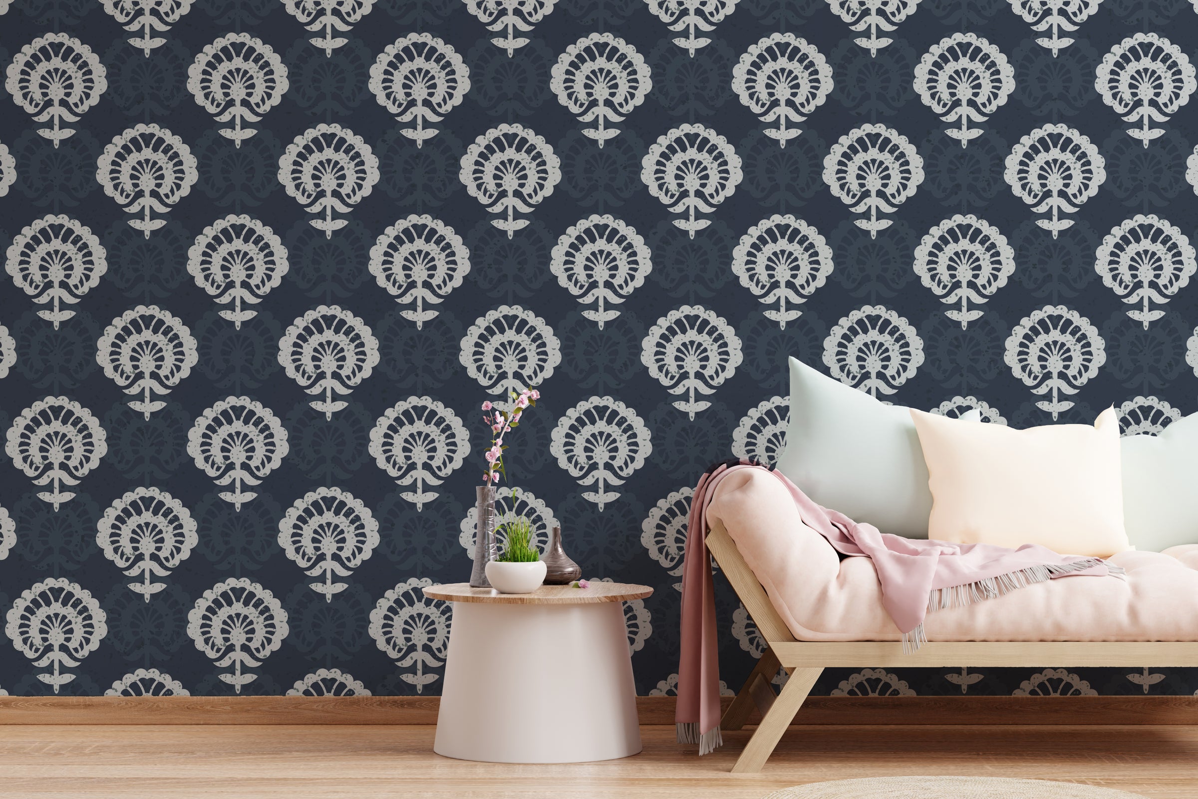 Navy damask wallpaper with bold white ornamental pattern elevates modern living room decor