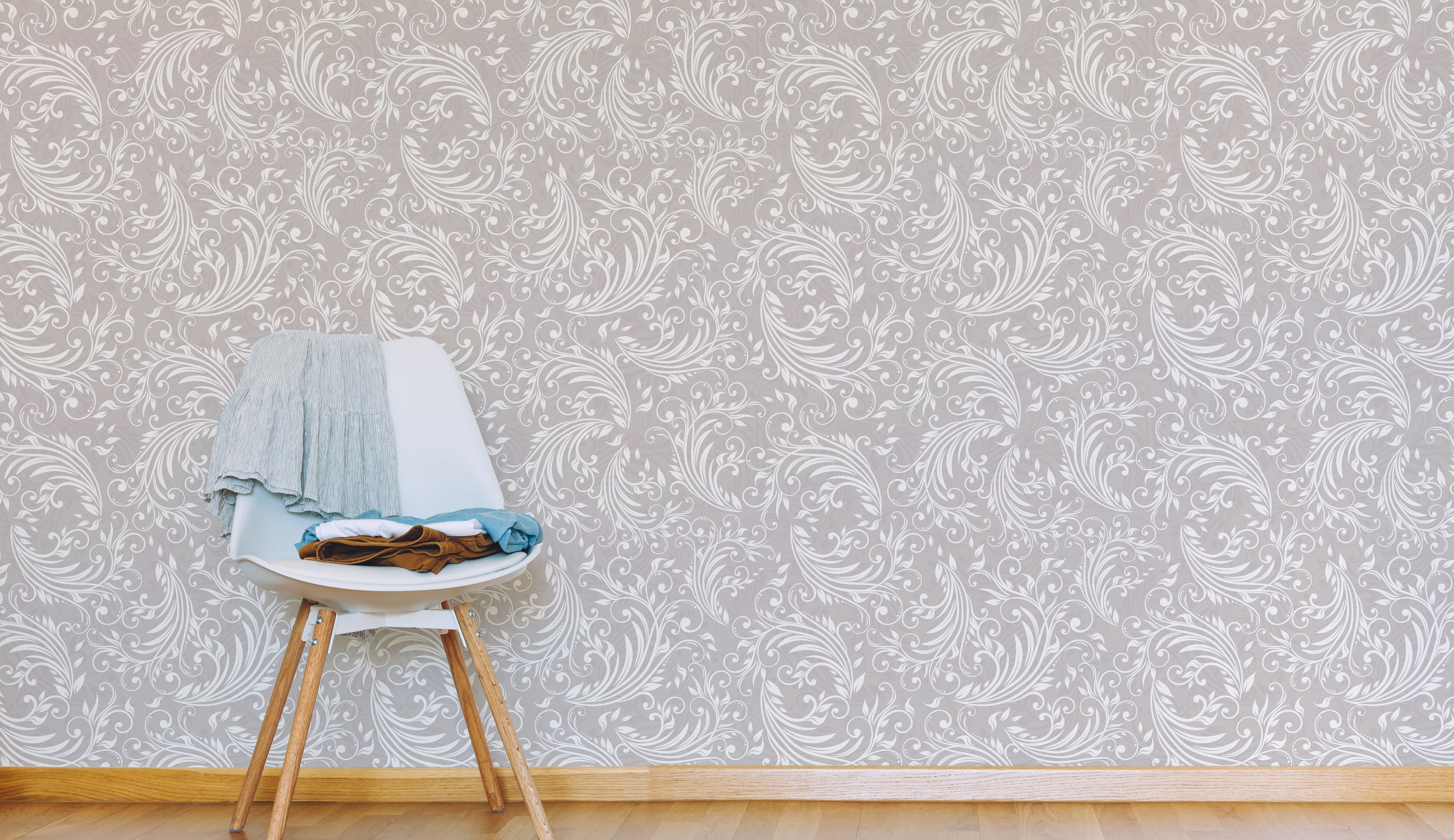 Damask Inspired Scroll Wallpaper | Gray Vintage Baroque Peel and Stick Wallpaper