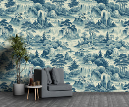 Toile landscape mural showing waterfalls and trees, elegant home office feature wall decor
