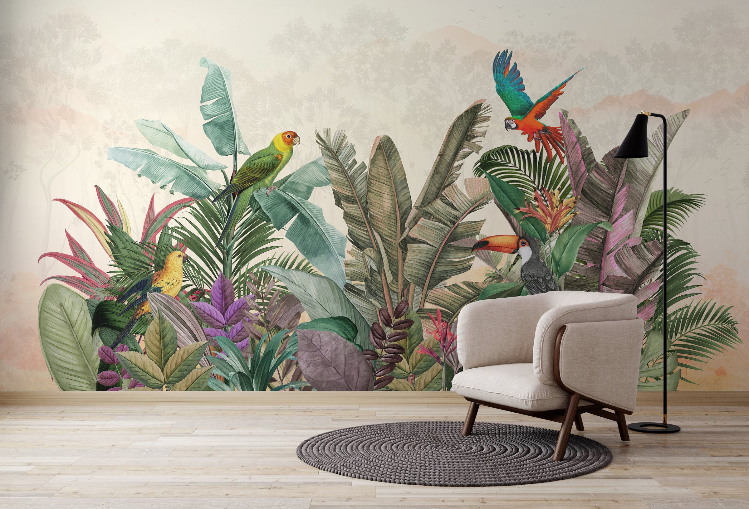 Colorful tropical bird rainforest mural with parrots lush jungle leaves for living room