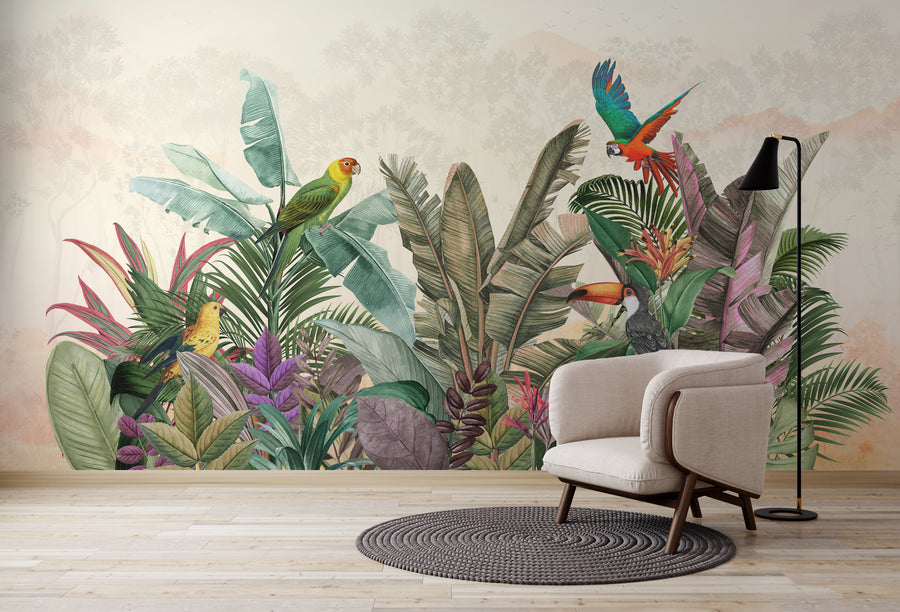 Tropical Bird Wallpaper | Colorful Rainforest Jungle Wall Mural | Living Room