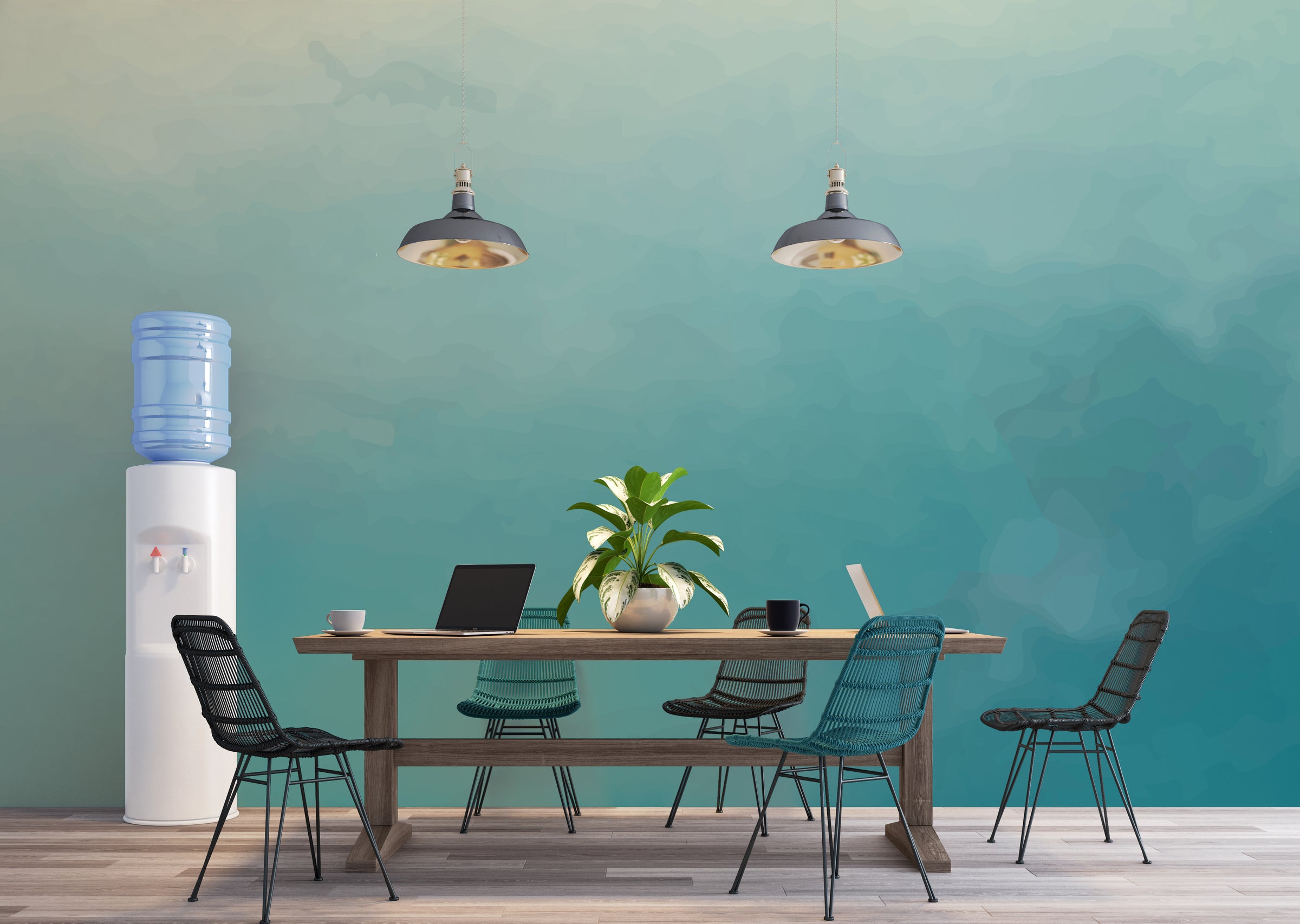 Workspace upgrade with abstract teal gradient surface enhancing productivity and clean aesthetic appeal
