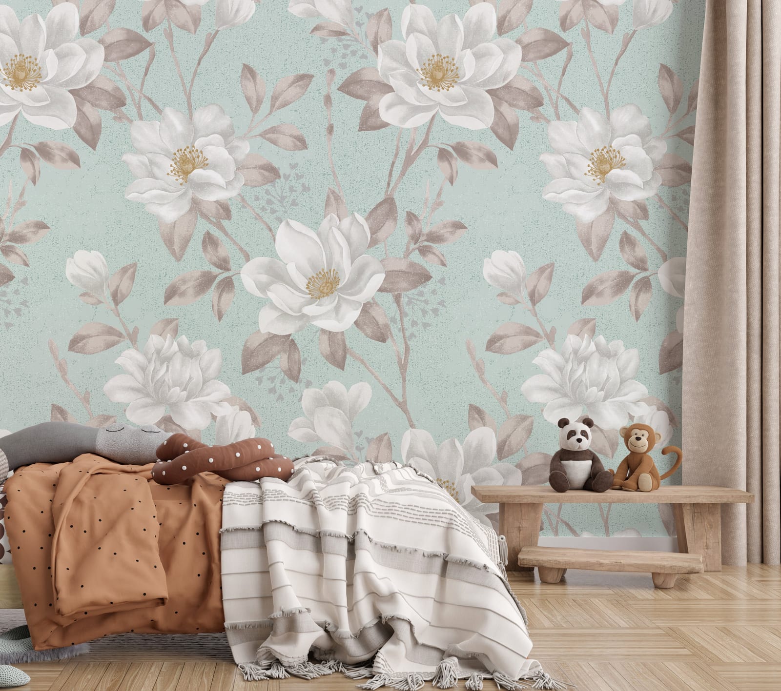 Sage green magnolia wallpaper with soft blooms for calming bedroom accent wall