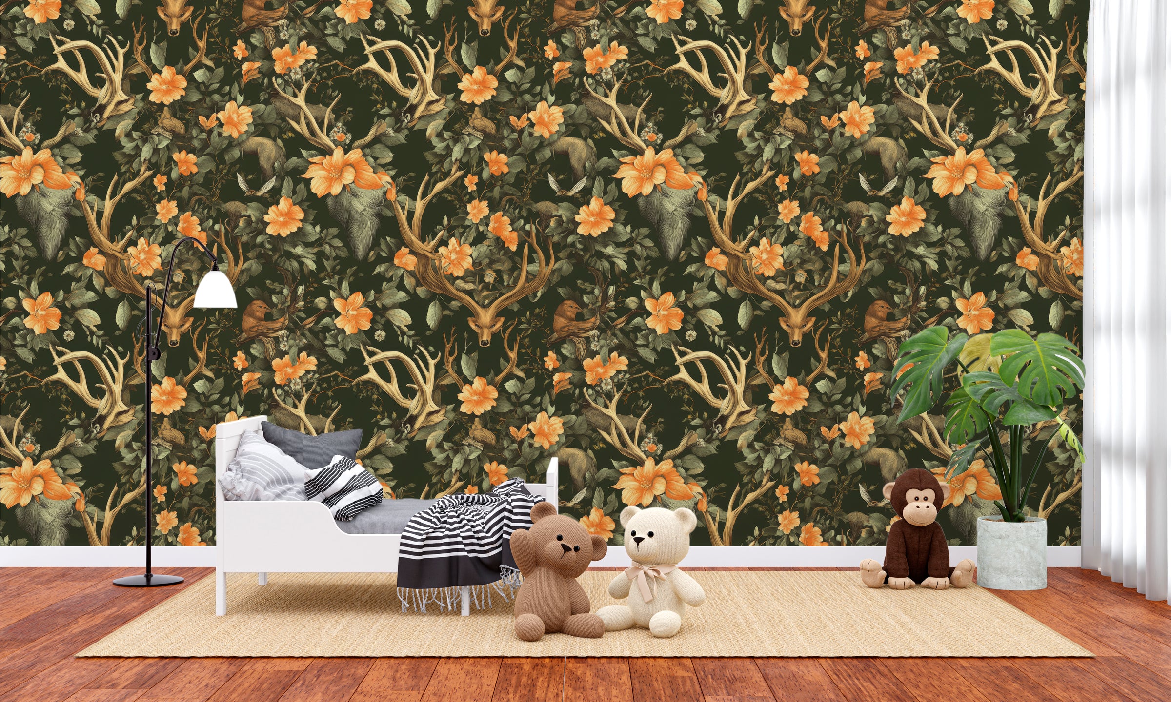 Dark forest wallpaper featuring deer heads, flowers, wildlife pattern for nursery accent wall