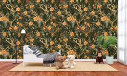 Dark forest wallpaper featuring deer heads, flowers, wildlife pattern for nursery accent wall