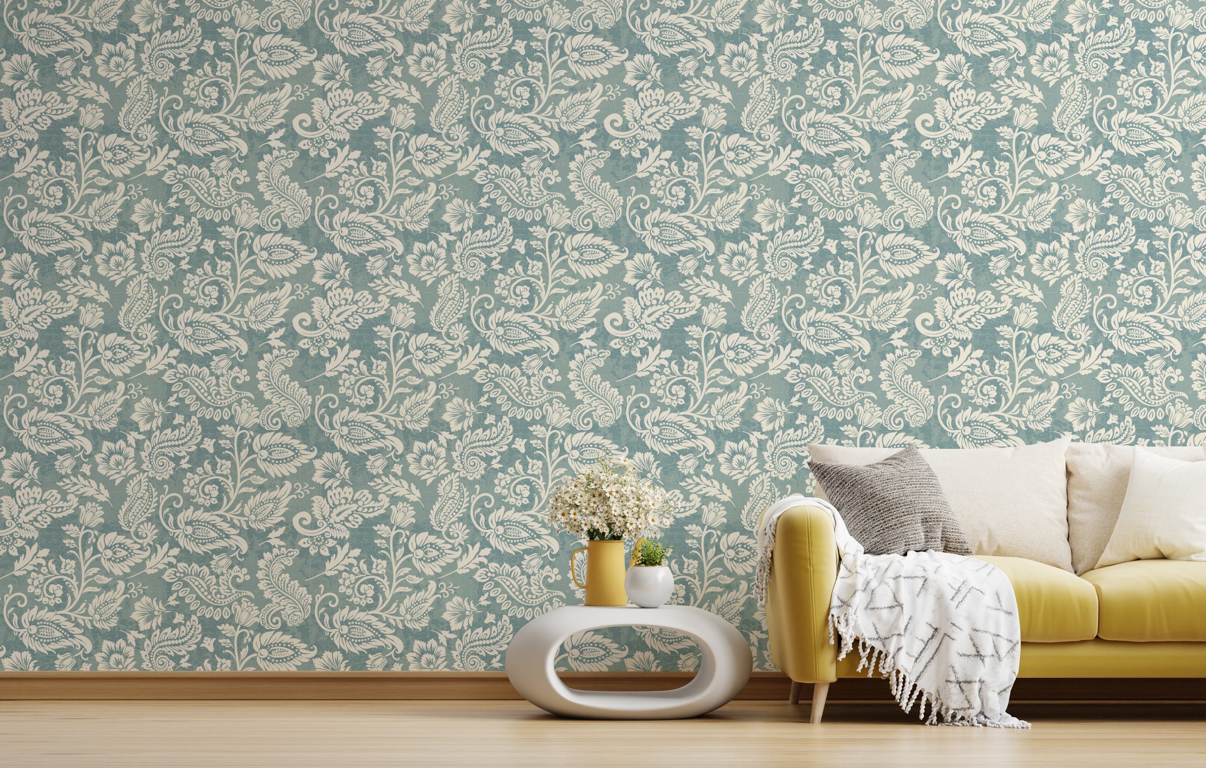 Vintage Teal Floral Living Room Peel and Stick Wallpaper