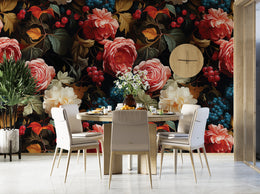 Artistic Indian mural with tropical plants, peacocks, warm hues for dining room decor