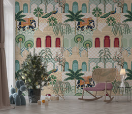 Exotic heritage wallpaper showcasing tropical trees, arches, soft green palette, elegant bedroom setting