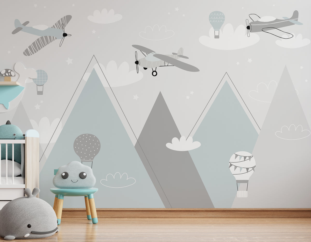 Mountain Adventure Gray Kids Mural | Airplane Air Balloon Removable Wallpaper