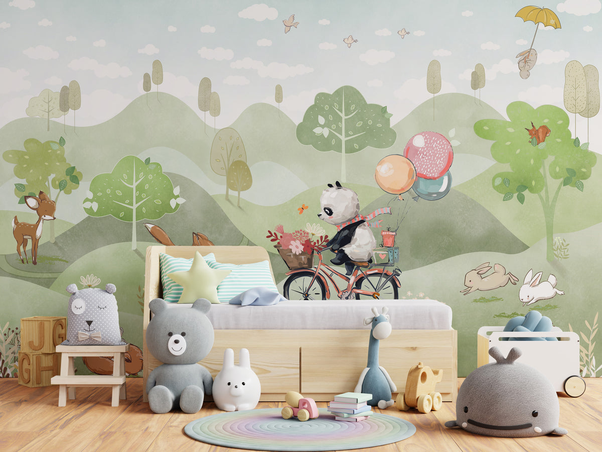 Cute Panda Bicycle Kids Wallpaper Green Mountain Animal Scene Self Adhesive