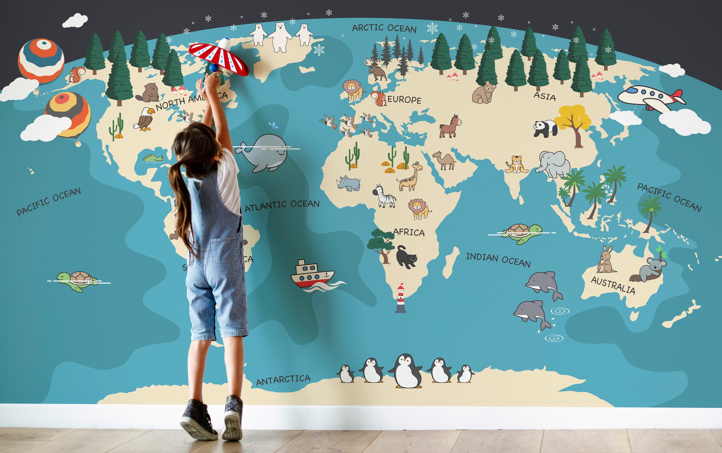 Educational world map wallpaper with animals in blue theme for classroom walls