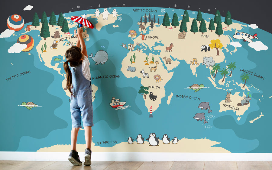 Peel and Stick Kids World Map Animal Wallpaper for Nursery and Playroom Decor