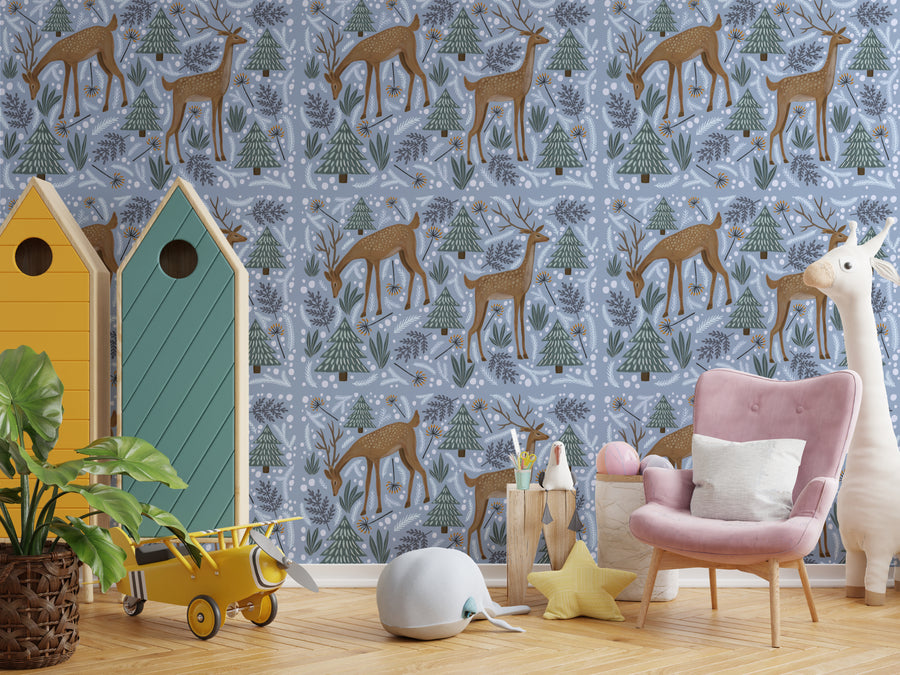Tiled Pattern Wildlife Deer Blue Kids Wallpaper Peel and Stick Illustrative Style Decor
