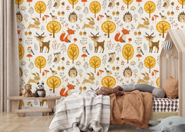 Cute forest animal wallpaper featuring rabbits hedgehog trees warm colors toddler bedroom