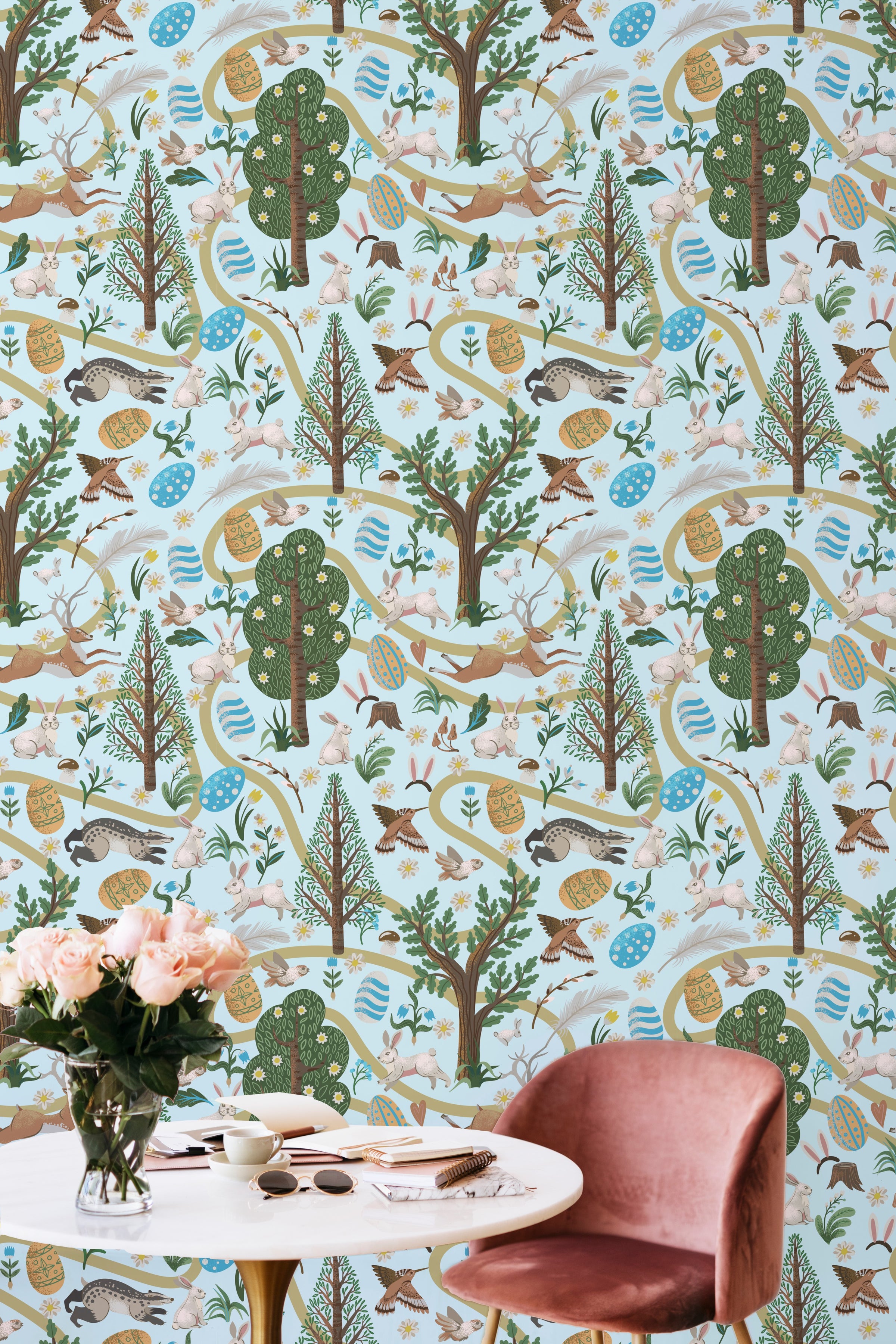 Soft pastel forest animals and birds illustration, playful decor for kids study interior walls