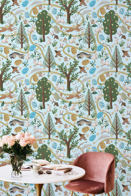 Soft pastel forest animals and birds illustration, playful decor for kids study interior walls