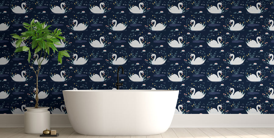 Swan Bird Wallpaper Blue Botanical Floral Design Peel Stick Home Decor