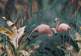 Pink Flamingo Tropical Peel and Stick Wallpaper | Teal Green Jungle Wallpaper image 5