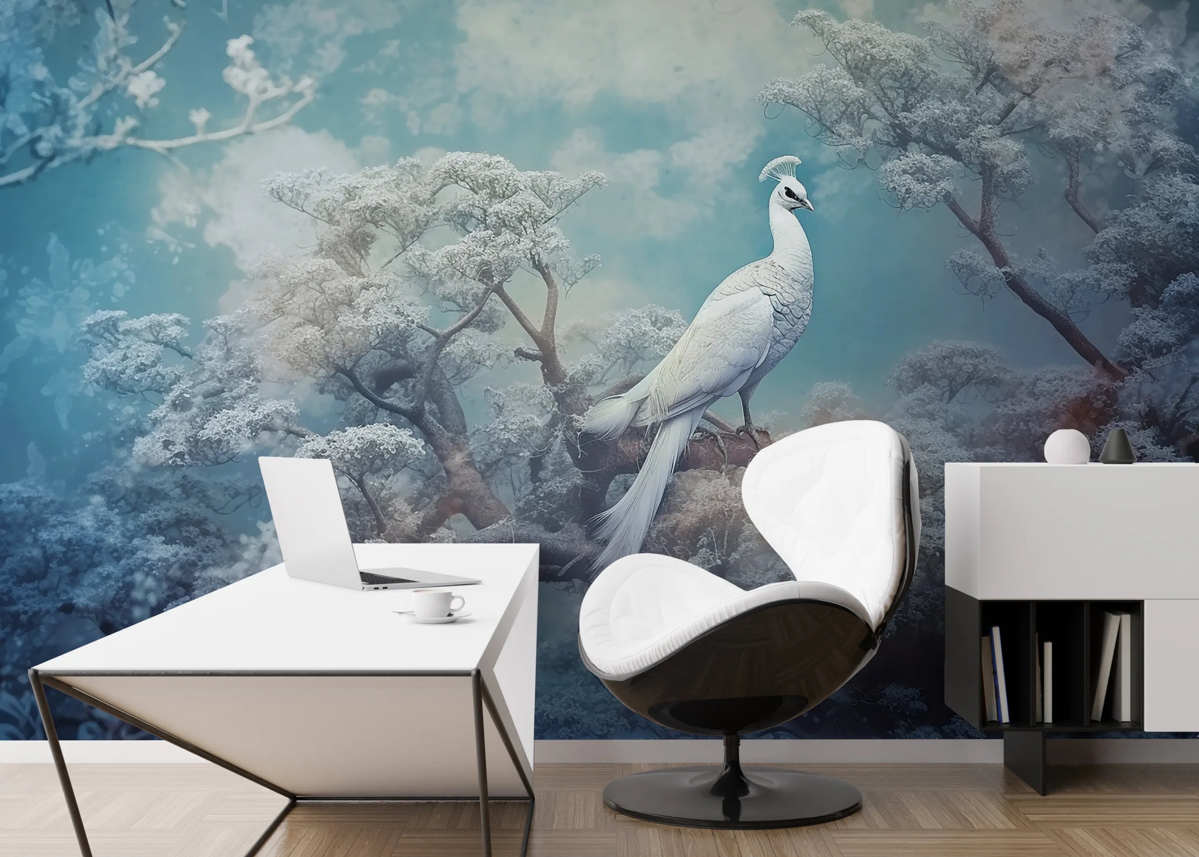 Winter Blue Forest Mural | White Peacock Art Removable Wallpaper image 5