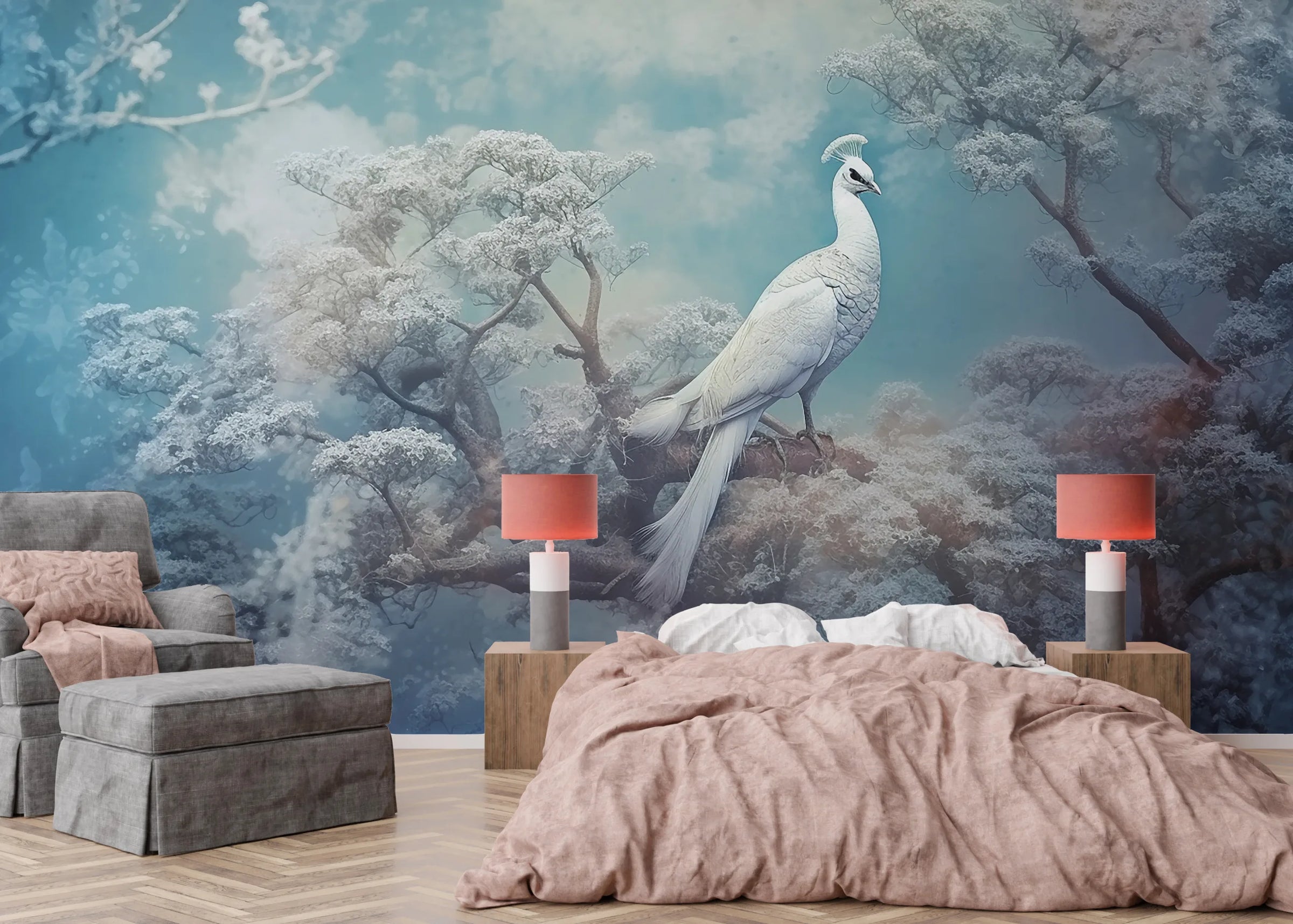 Winter Blue Forest Mural | White Peacock Art Removable Wallpaper image 2