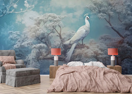 Winter Blue Forest Mural | White Peacock Art Removable Wallpaper image 2