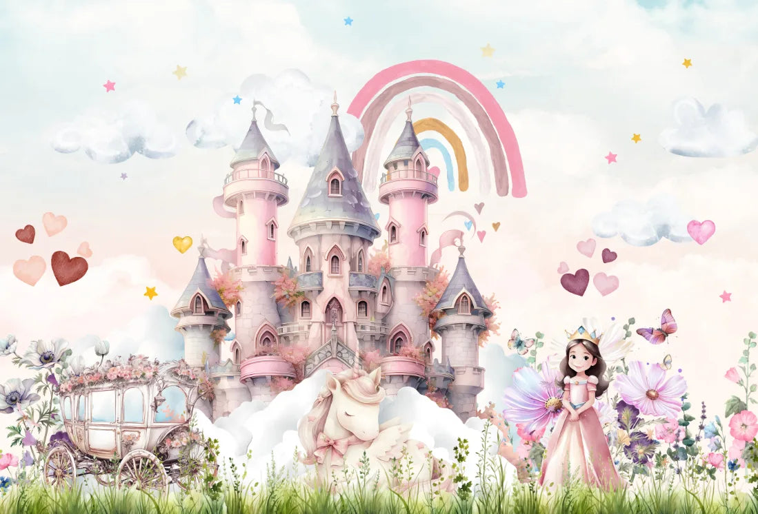 Pink Castle Kids Wallpaper with Rainbow Unicorns | Peel and Stick Wall Mural image 5