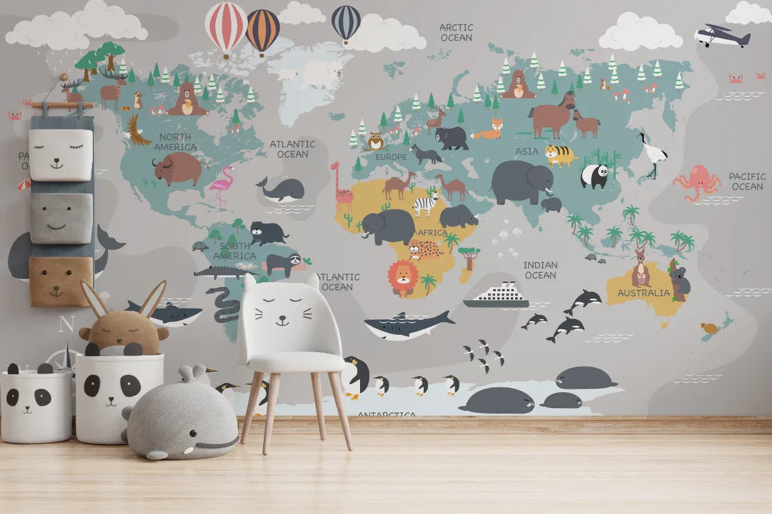Whimsical Animals World Map Peel and Stick Kids Wallpaper image 2